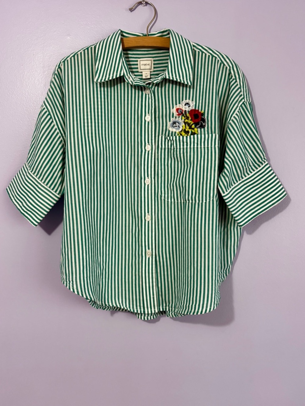 NWT Anthropologie Maeve Mabel Boxy Oxford Green Stripe Embroidered Button SZ XS - Picture 5 of 12